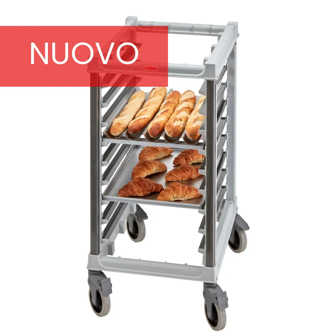A grey bakery trolley marked "NEW" with a red banner at the top left. The trolley has slots for trays and is partially loaded with baked goods like baguettes and croissants.