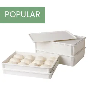 Two off-white plastic dough storage containers with a "POPULAR" green banner at the top left. One container is stacked on top of the other, with the top container's lid slightly ajar, revealing dough balls inside.