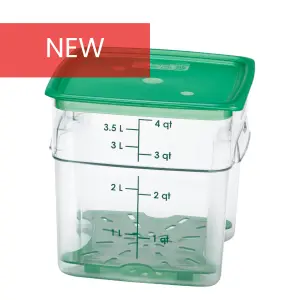 A plastic square food storage container with measurement markings on the side and a green lid, accompanied by a "NEW" red banner at the top left. The container is designed to hold various food quantities, with measurements in liters and quarts.