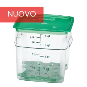 A plastic square food storage container with measurement markings on the side and a green lid, accompanied by a "NEW" red banner at the top left. The container is designed to hold various food quantities, with measurements in liters and quarts.