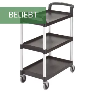 A black multi-tiered utility cart with a labeled "POPULAR" green banner at the top left. The cart has three shelves with rounded corners and four caster wheels for mobility.