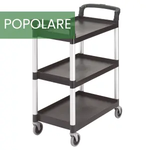 A black multi-tiered utility cart with a labeled "POPULAR" green banner at the top left. The cart has three shelves with rounded corners and four caster wheels for mobility.